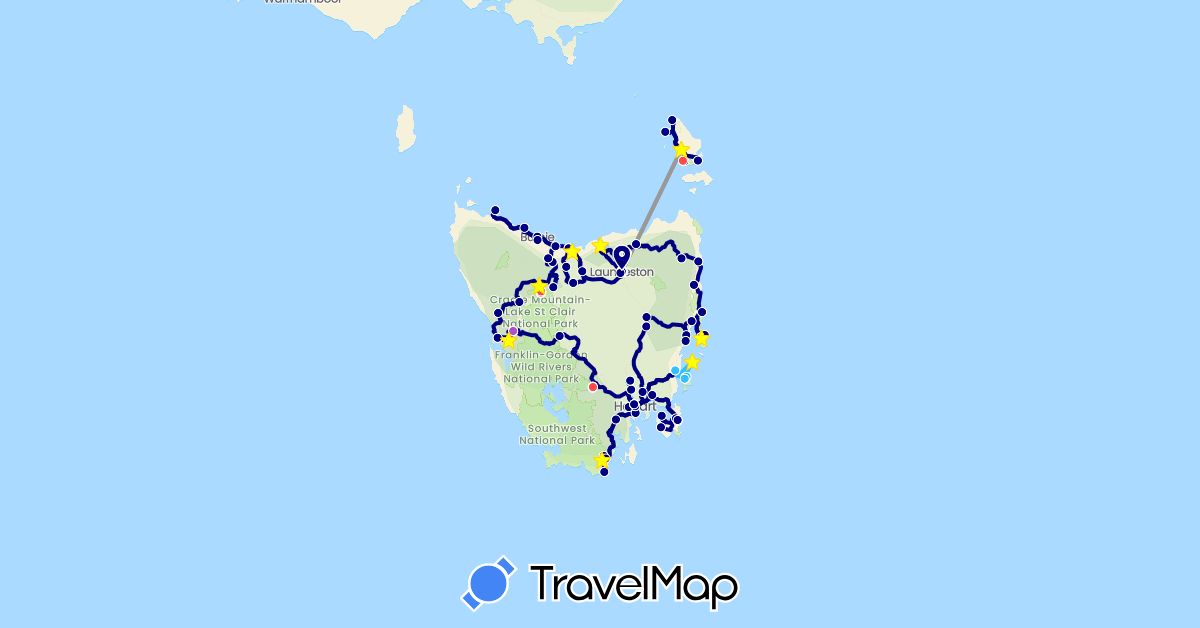 TravelMap itinerary: driving, plane, train, hiking, boat in Australia (Oceania)